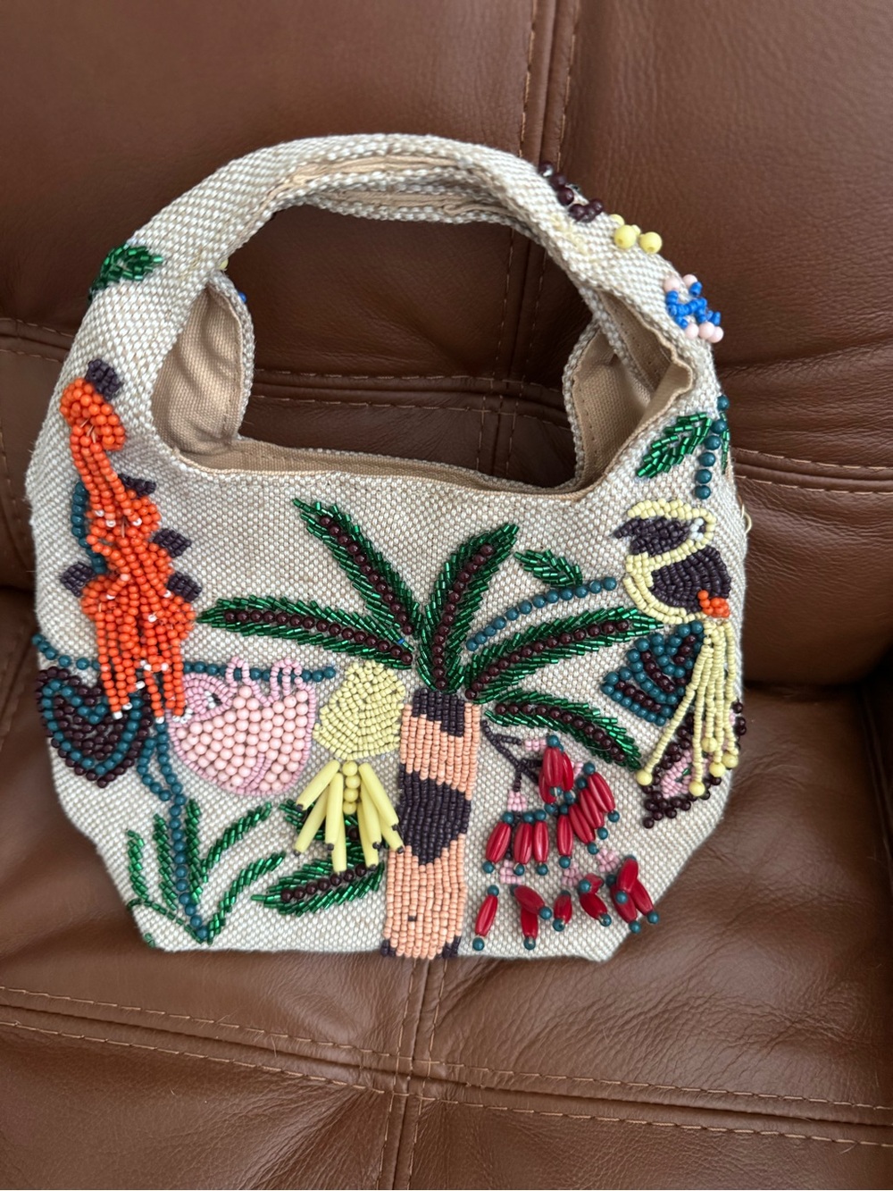 Beaded Mini Tote Bag with Tropical Embroidery in Natural